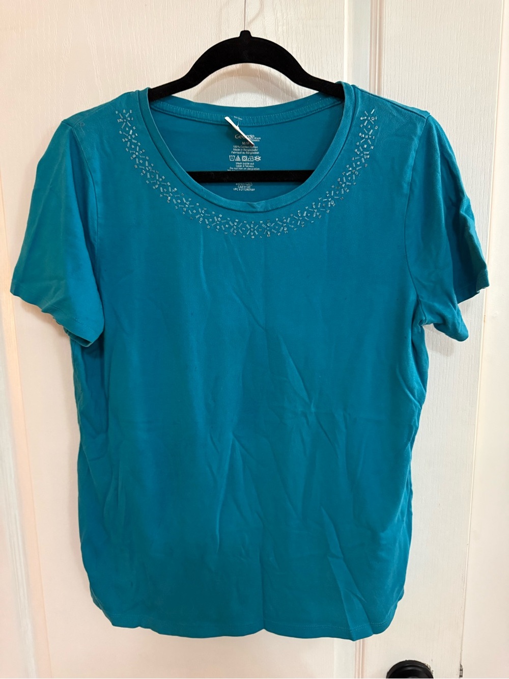 George Teal Short-Sleeve Crewneck Tee with Neckline Embellishment
